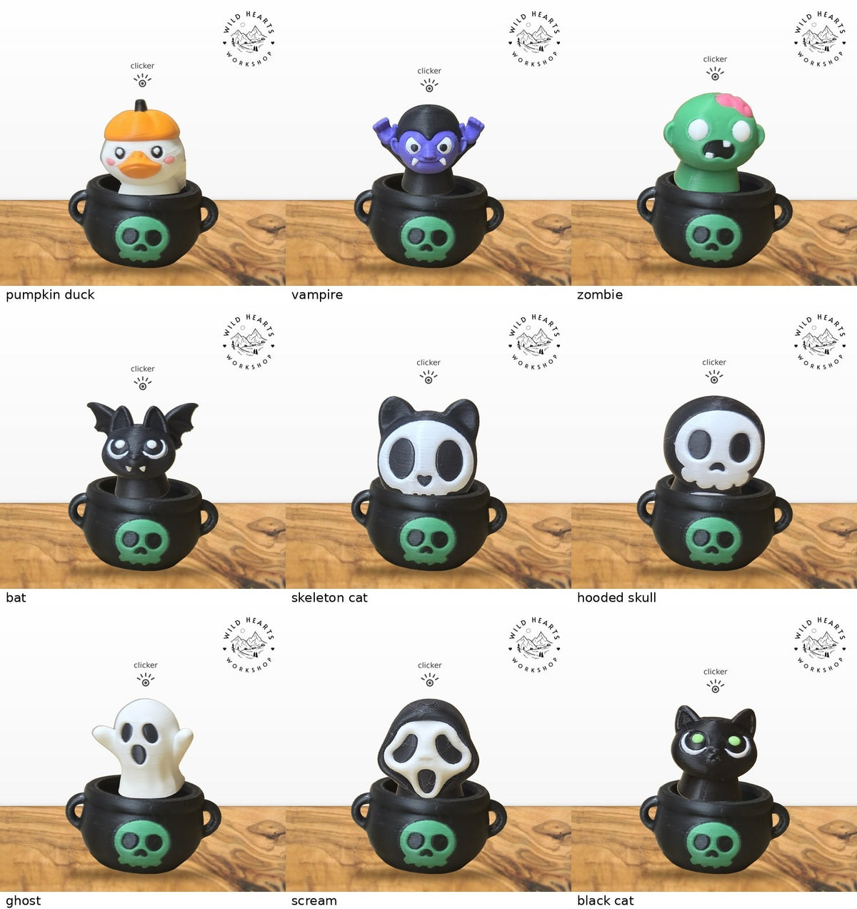 All 9 Halloween clicker tops shown in the black cauldron with green skull