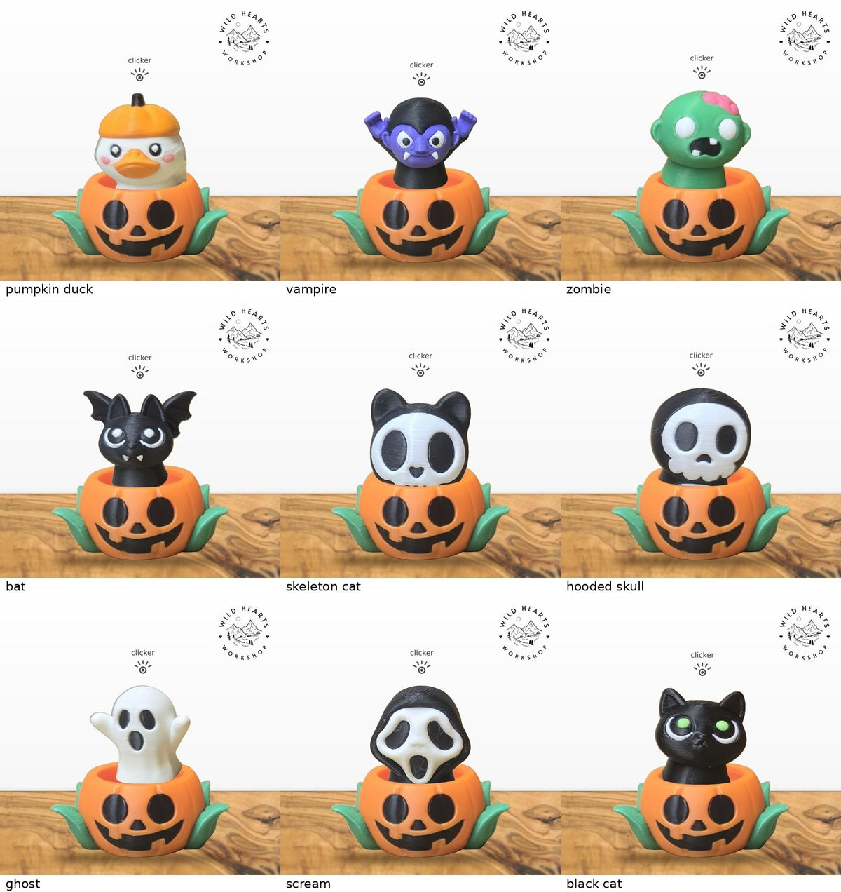 All 9 Halloween clicker tops shown in the orange jack-o-lantern pot with green leaves