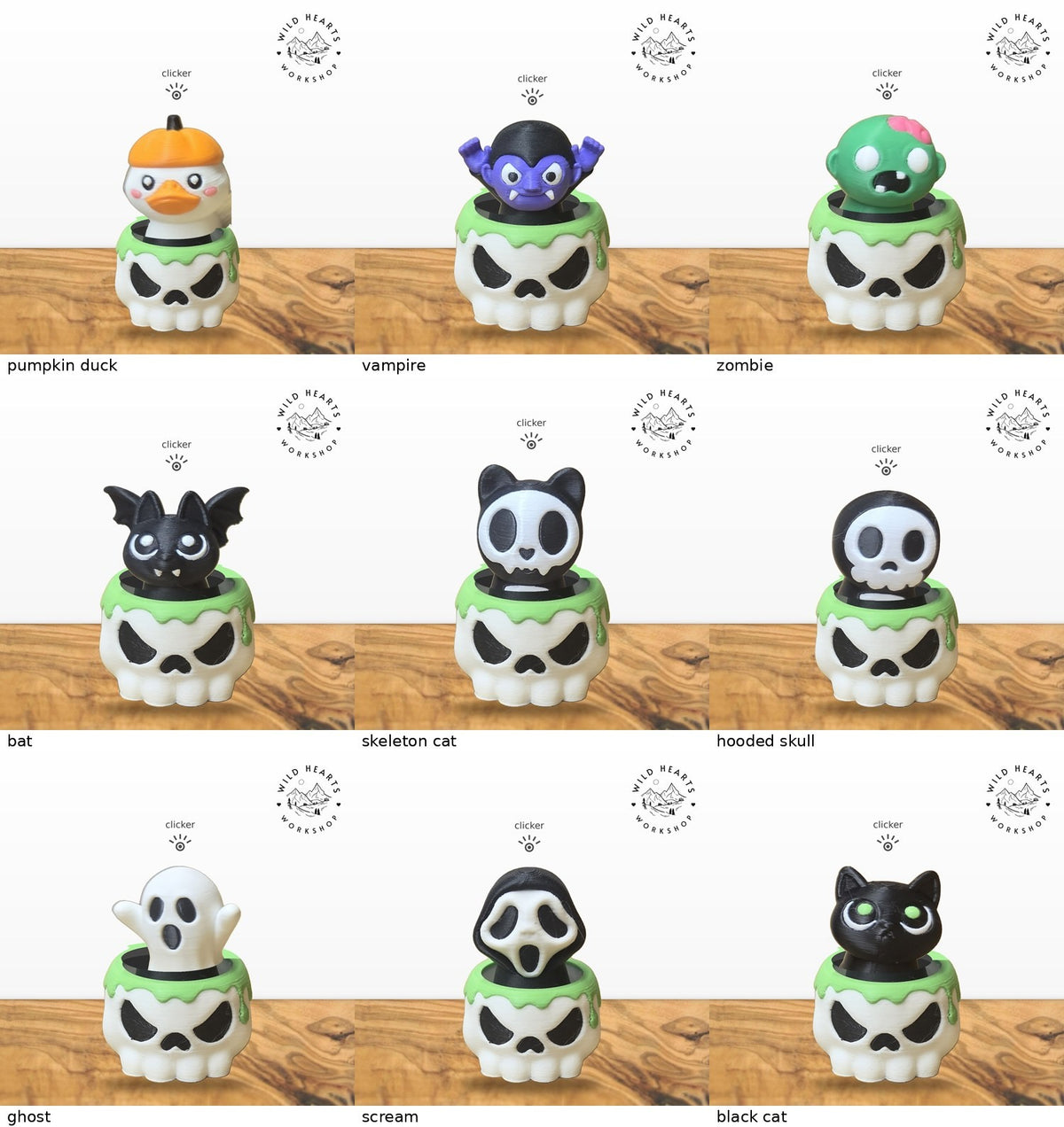 All 9 Halloween clicker tops shown in the white skull pot with green slime rim