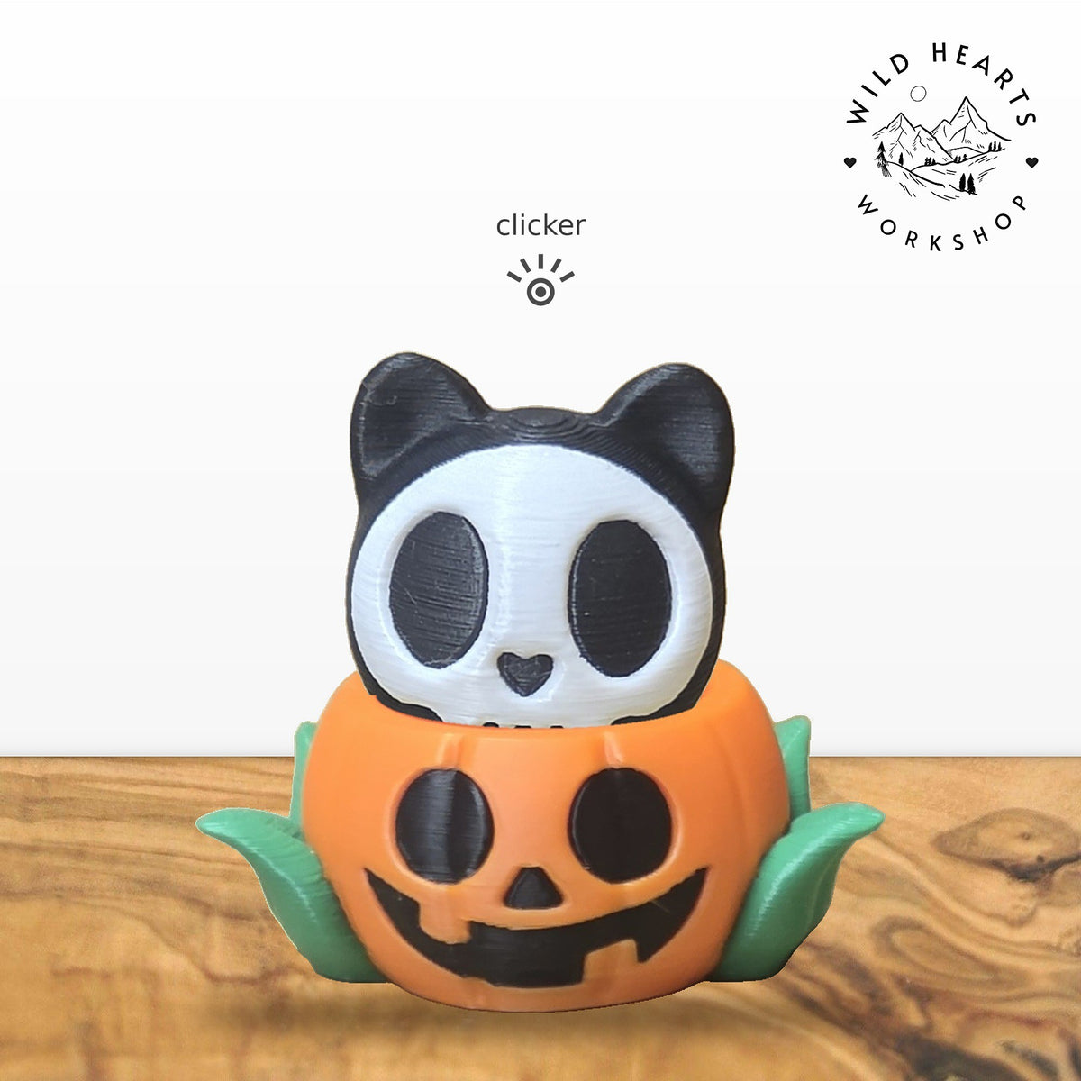 Skeleton Cat clicker top (skeleton cat) seated in the orange jack-o-lantern pot with green leaves base