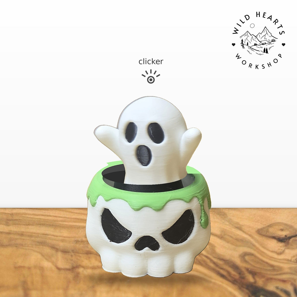 Ghost clicker top (white ghost) seated in the white skull pot with green slime rim base