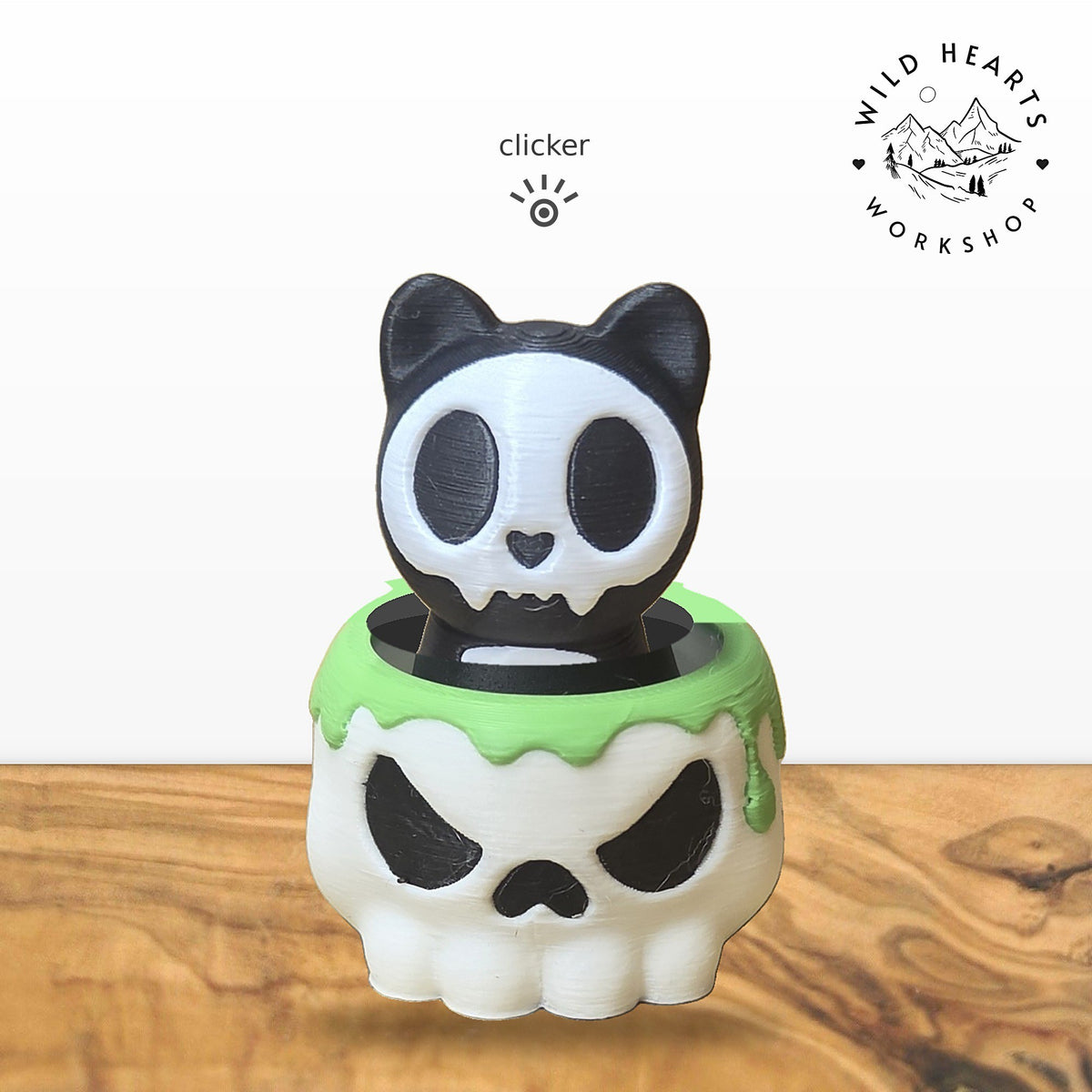 Skeleton Cat clicker top (skeleton cat) seated in the white skull pot with green slime rim base