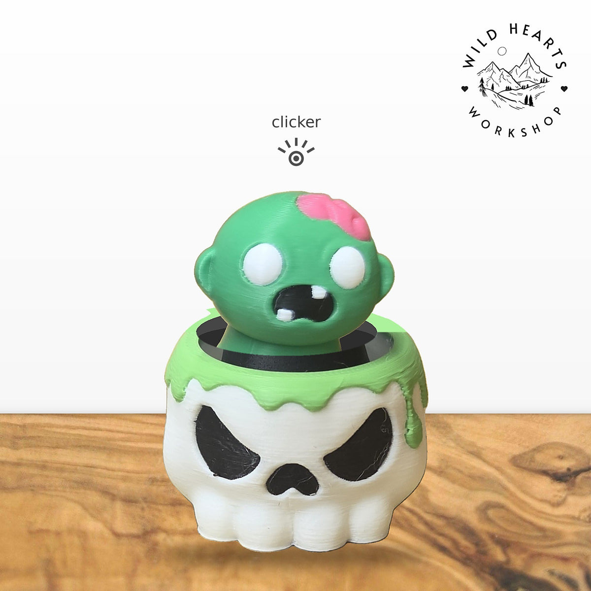 Zombie clicker top (green zombie with pink brain) seated in the white skull pot with green slime rim base